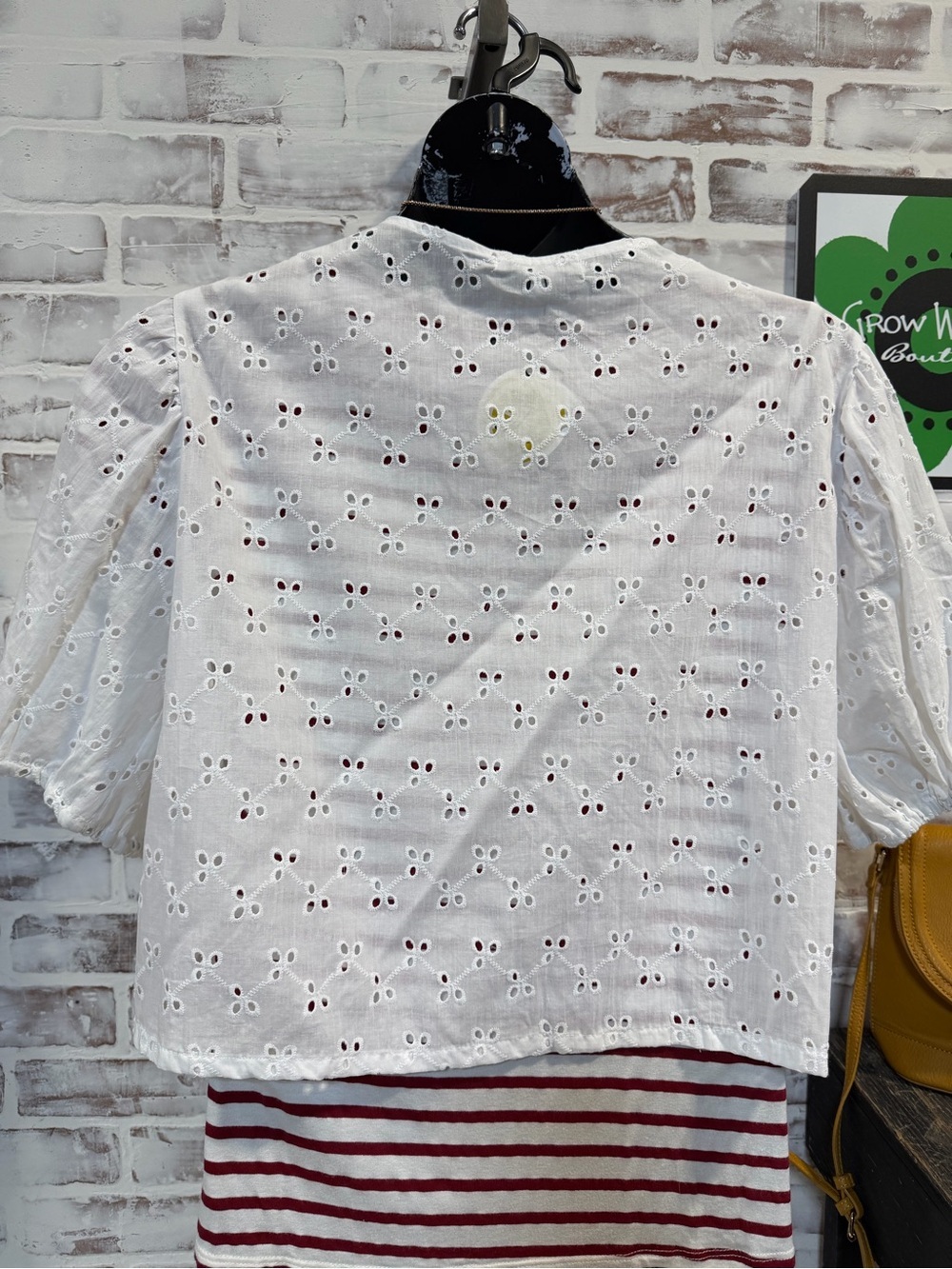 White Eyelet Tie-Front Blouse with Short Sleeves - Picture 3 of 5
